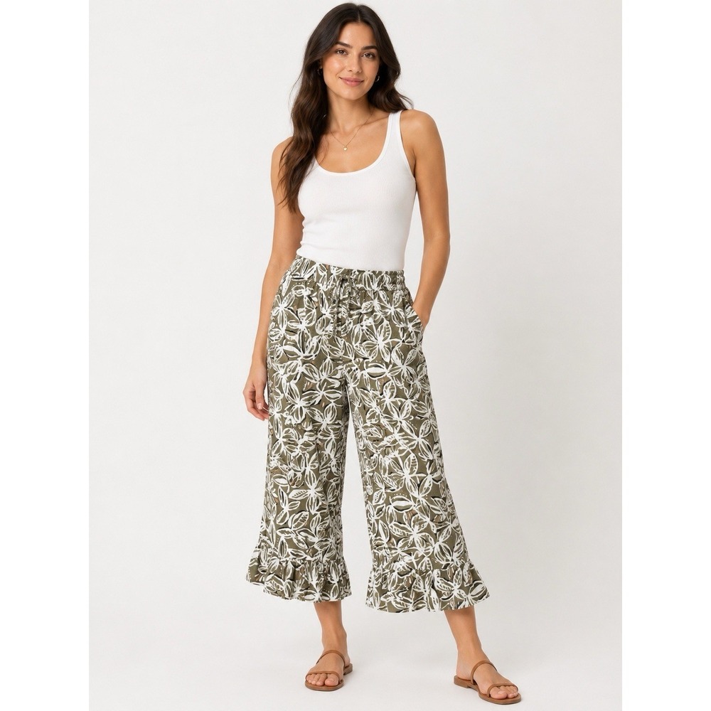 Cato Hi-Rise Cropped Linen Pants Size Large Wide Leg Capri Culotte Ruffle Hem